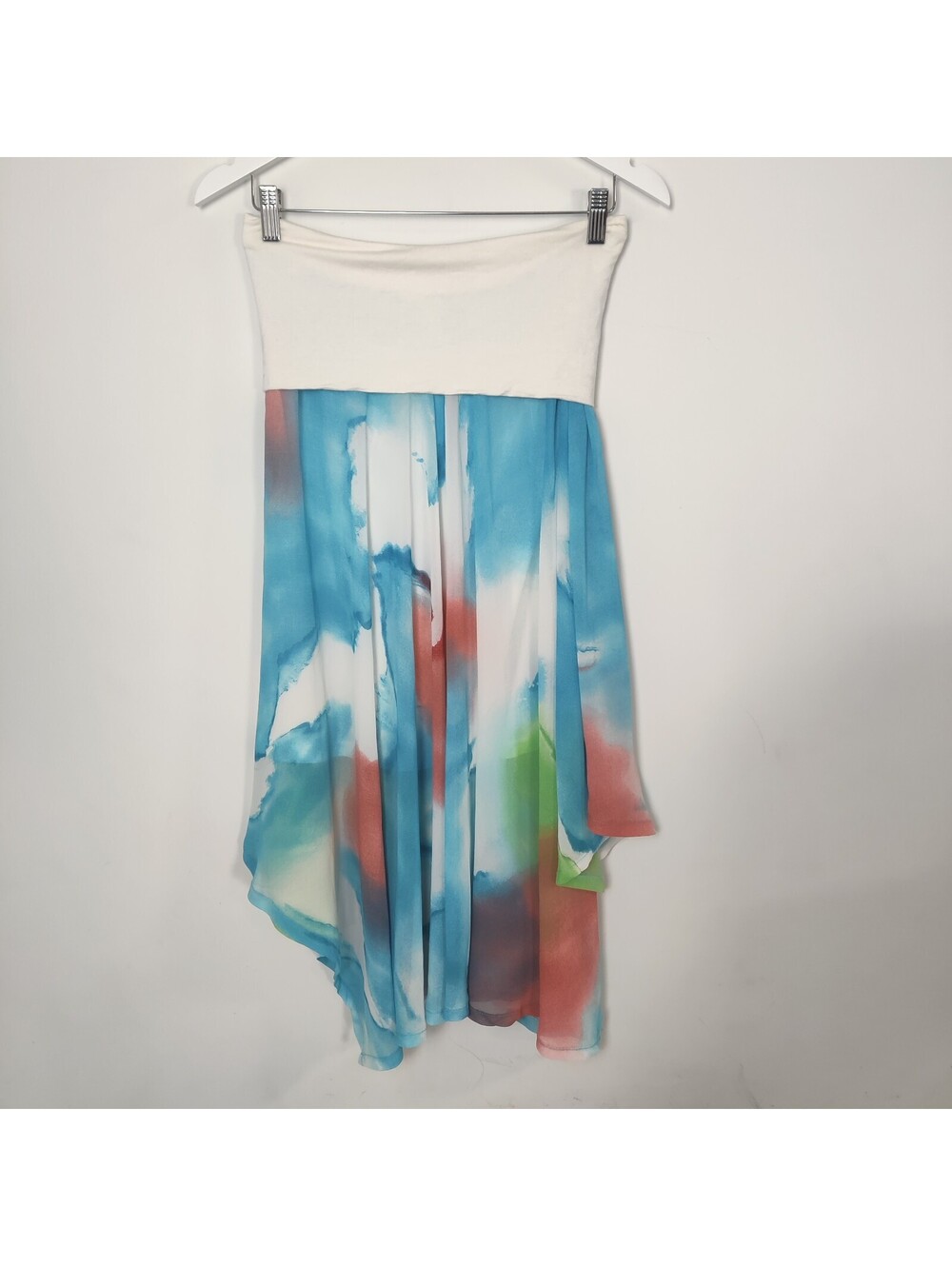 Red Coral Abstract Watercolor Strapless Asymmetric Hem Tube Top Mini Dress Large